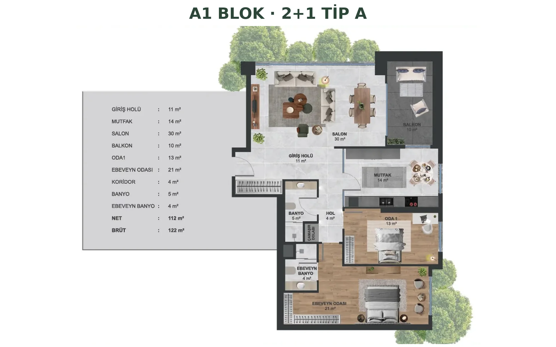 Kocalar Başka Ankara A1 Blok 2+1 Tip A kat planı, net 112 m² brüt 122 m²